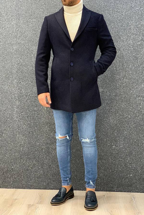 Ade Navy Blue Slim Fit Long Coat