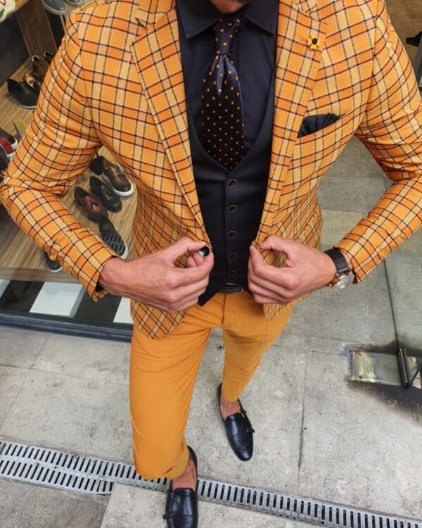 Aysoti Mustard Slim Fit Plaid Suit