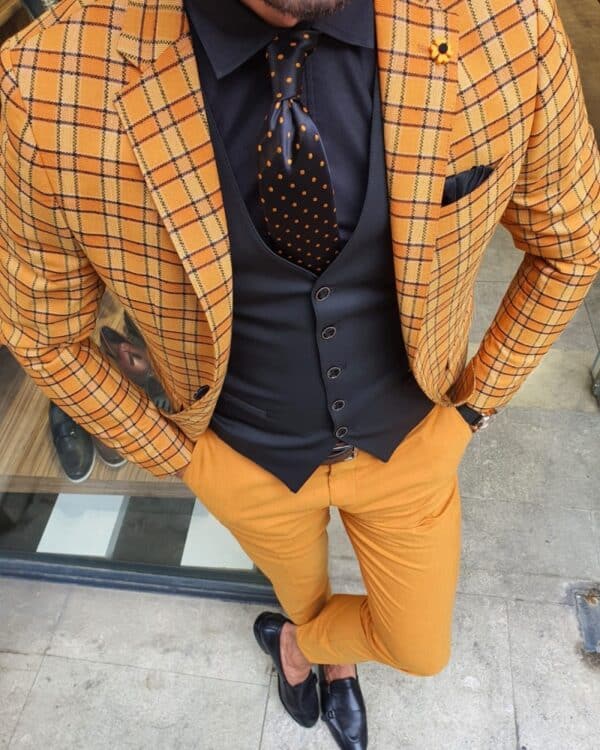 Aysoti Mustard Slim Fit Plaid Suit