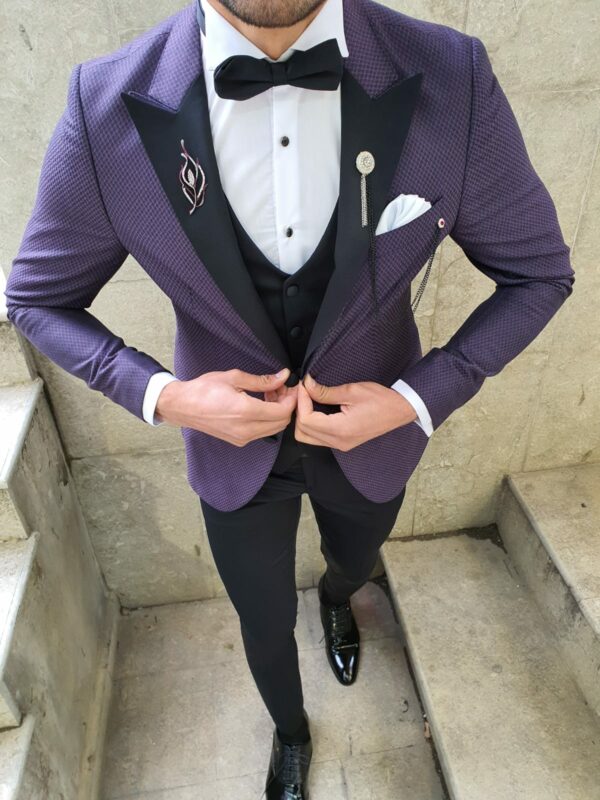 Aysoti Lacey Purple Slim Fit Patterned Tuxedo