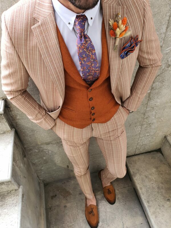 Aysoti Varada Beige Slim Fit Pinstripe Suit