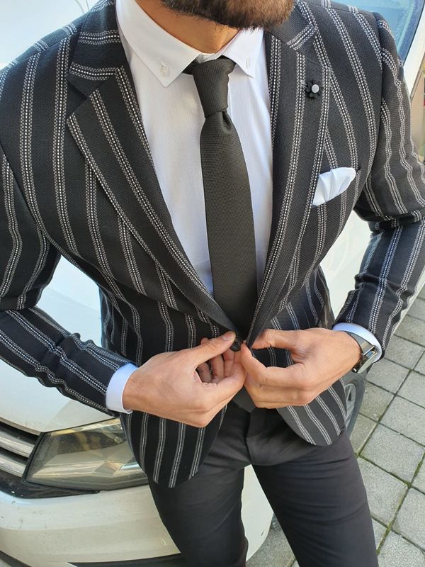 Aysoti Black Slim Fit Striped Blazer