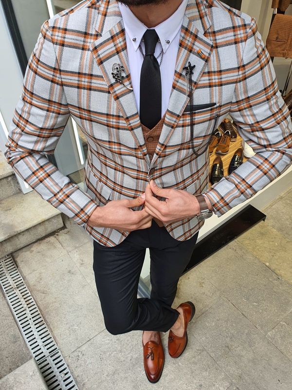 Aysoti Viram Brown Slim Fit Plaid Check Suit