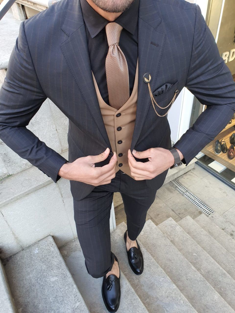 Aysoti Varada Black Camel Slim Fit Plaid Suit - Aysotiman