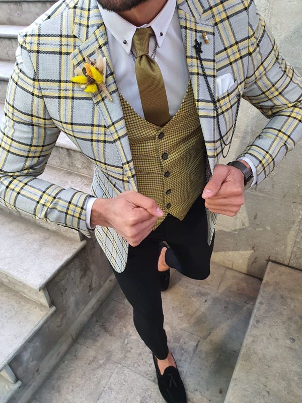 Aysoti Bolleward Yellow Gray Slim Fit Plaid Check Suit