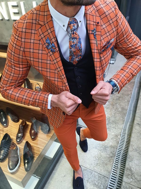 Aysoti Varada Orange Slim Fit Plaid Suit