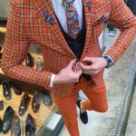 Aysoti Varada Orange Slim Fit Plaid Suit