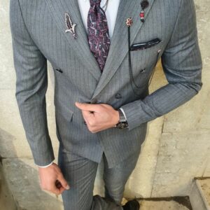 Aysoti Oland Gray Slim Fit Double Breasted Pinstripe Suit