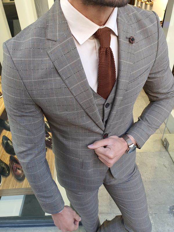 Aysoti Varada Gray Slim Fit Plaid Suit
