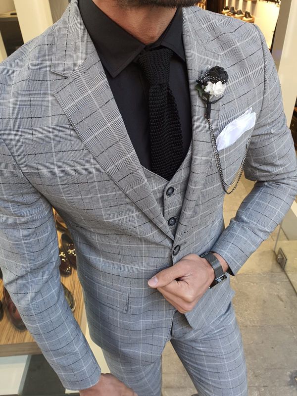 Aysoti Varada Light Gray Slim Fit Plaid Suit