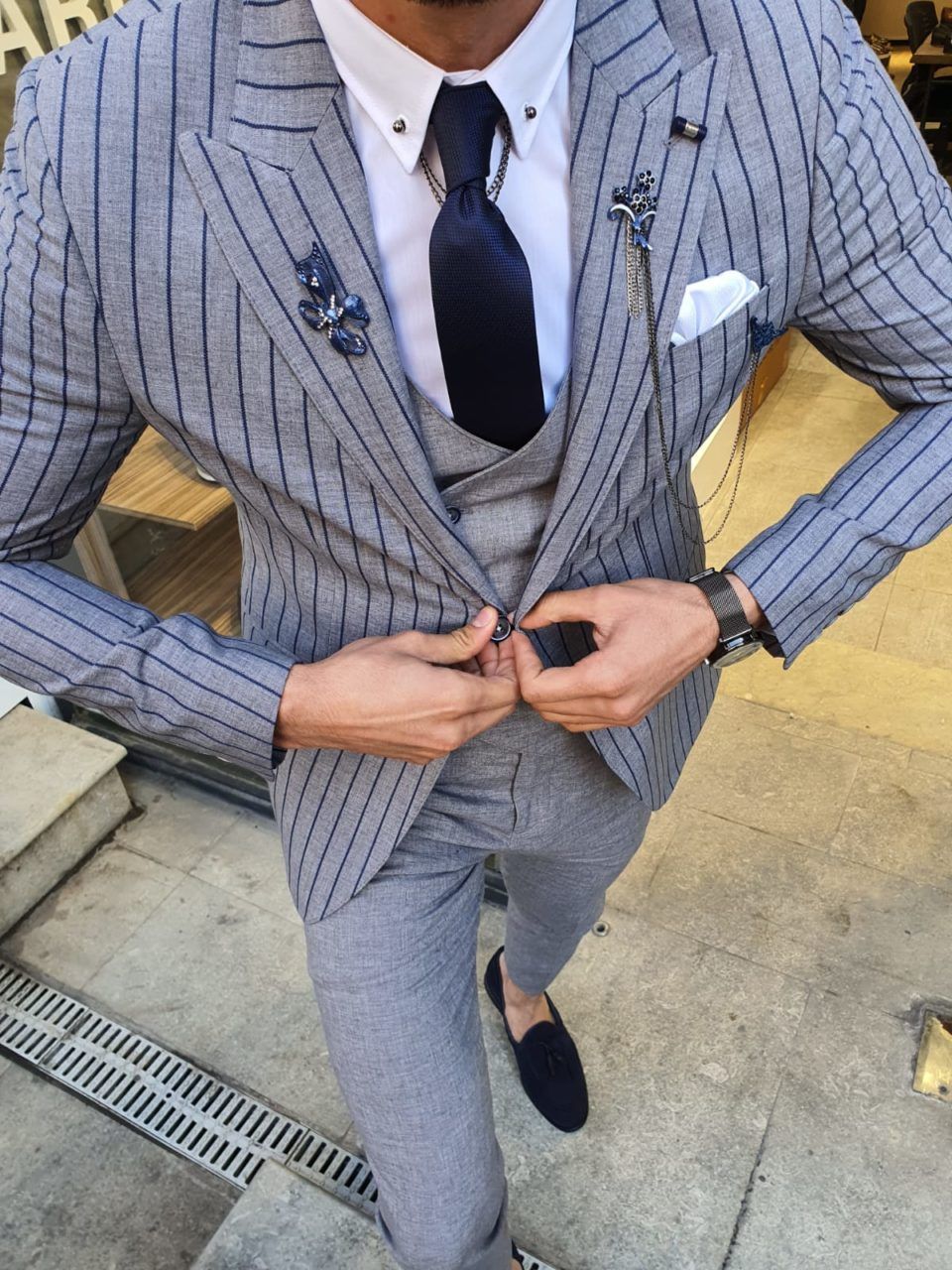 Aysoti Varada Navy Blue Slim Fit Pinstripe Suit - Aysotiman