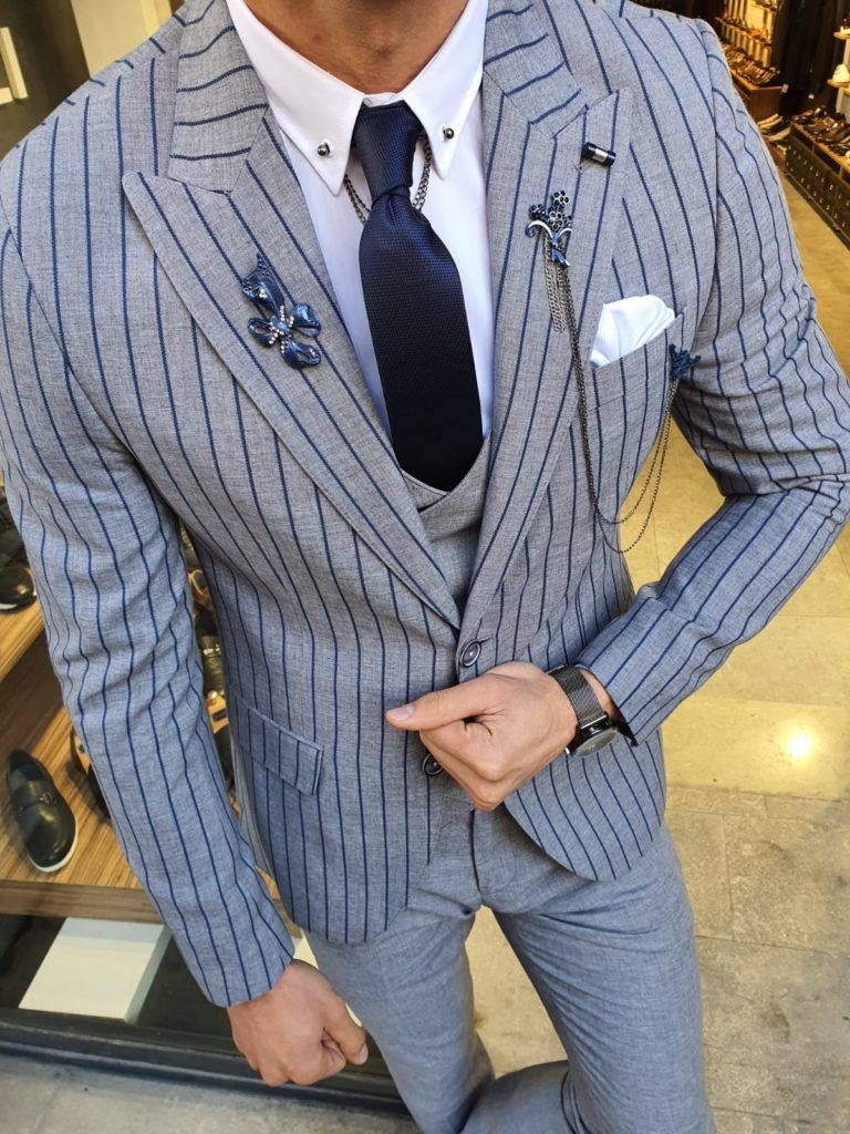 Aysoti Varada Navy Blue Slim Fit Pinstripe Suit - Aysotiman