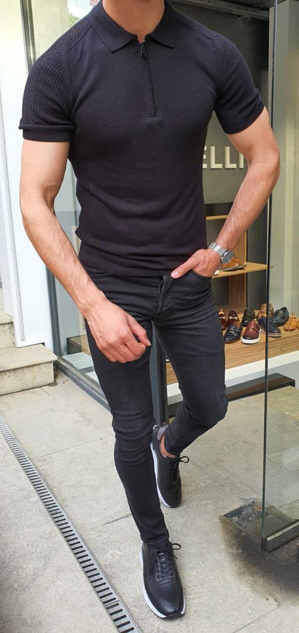 Aysoti Black Slim Fit Collar Neck Zipper Knitwear T-Shirt