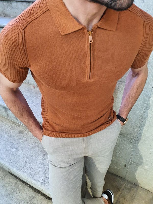 Aysoti Brown Slim Fit Collar Neck Zipper Knitwear T-Shirt