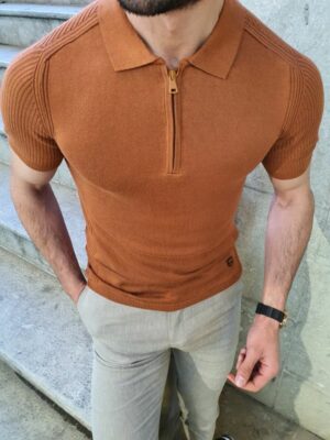 Aysoti Brown Slim Fit Collar Neck Zipper Knitwear T-Shirt