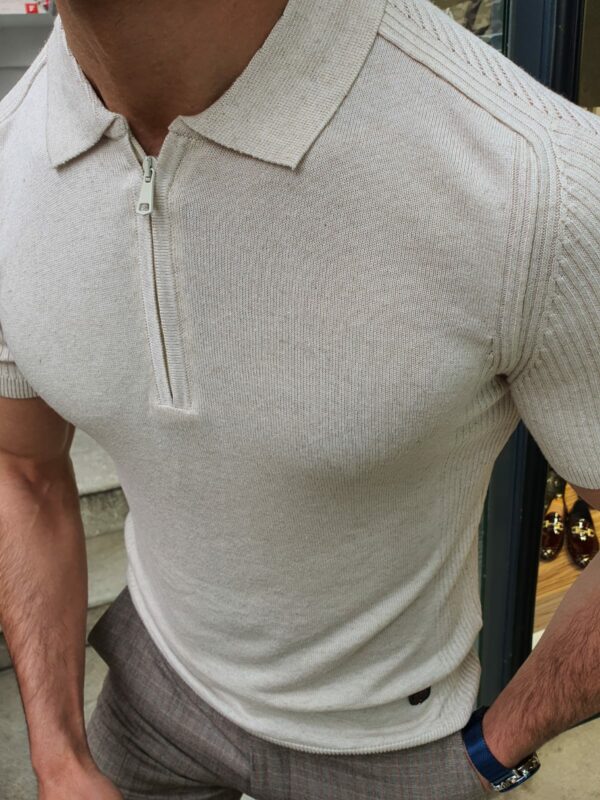 Aysoti White Slim Fit Collar Neck Zipper Knitwear T-Shirt