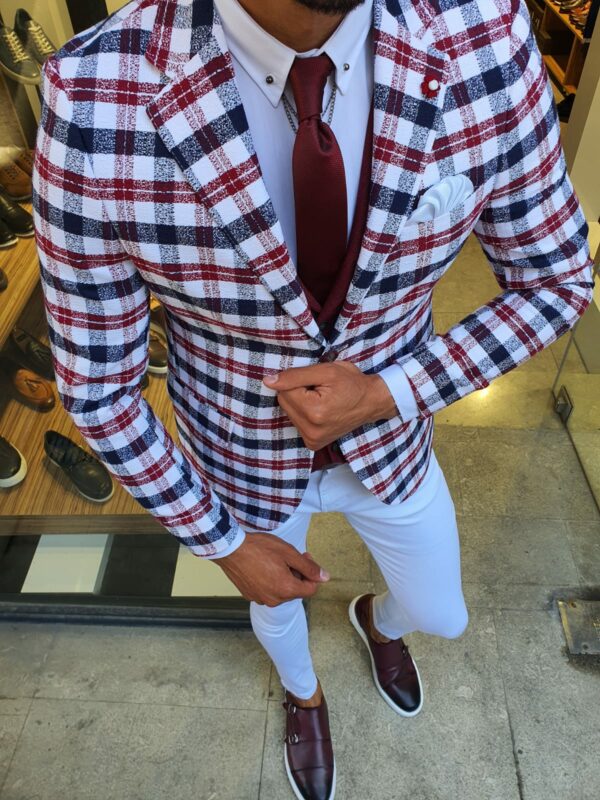 Aysoti New Gentleman Red Slim Fit Plaid Suit