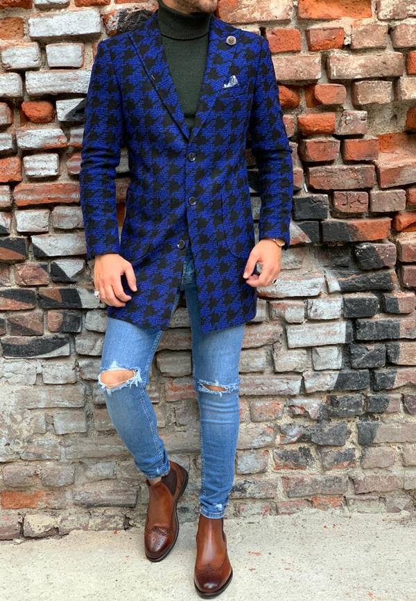 Hugh Blue Slim Fit Patterned Wool Long Coat