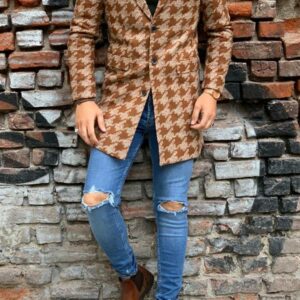Hugh Brown Slim Fit Patterned Wool Long Coat