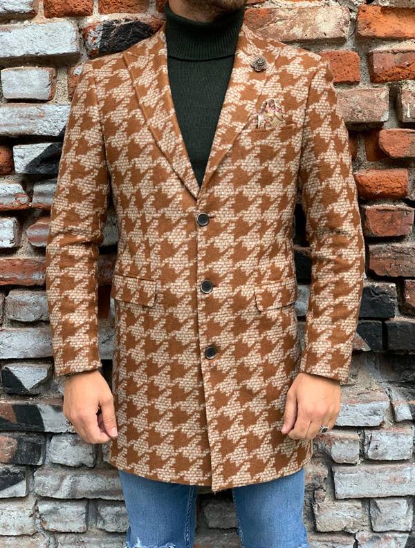 Hugh Brown Slim Fit Patterned Wool Long Coat
