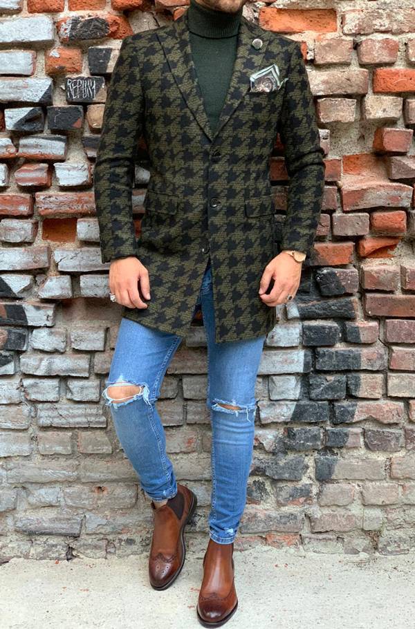 Hugh Green Slim Fit Patterned Wool Long Coat