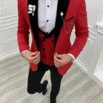 Aysoti Cardinal Red Slim Fit Velvet Peak Lapel Tuxedo