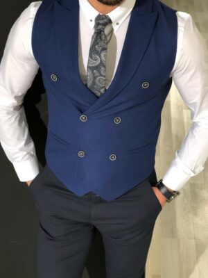 Aysoti Keefe Slim Fit Double Breasted Vest – Navy Blue