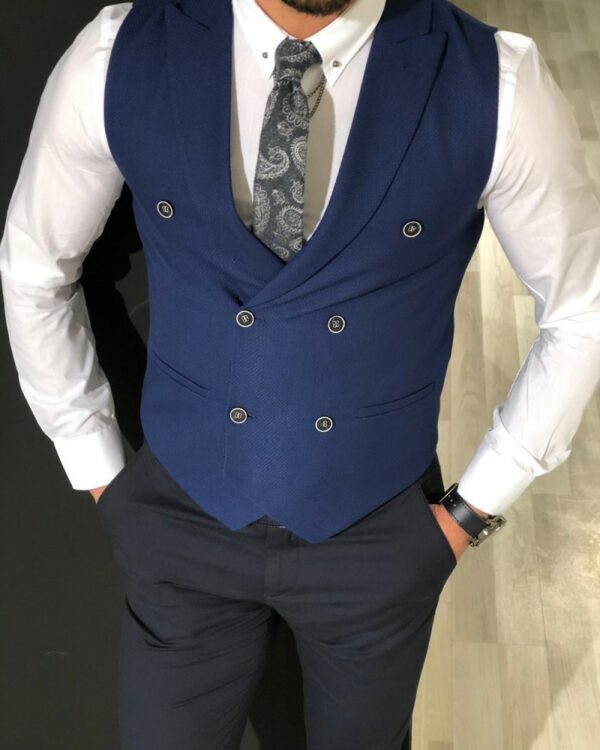 Aysoti Keefe Slim Fit Double Breasted Vest – Navy Blue