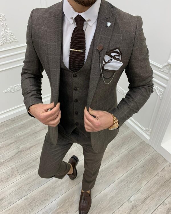 Aysoti Milford Brown Slim Fit Plaid Suit