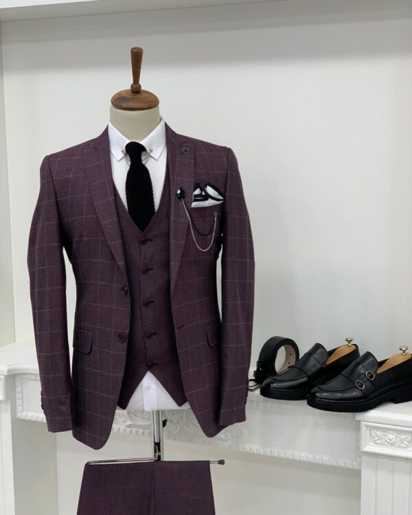Aysoti Milford Burgundy Slim Fit Plaid Suit