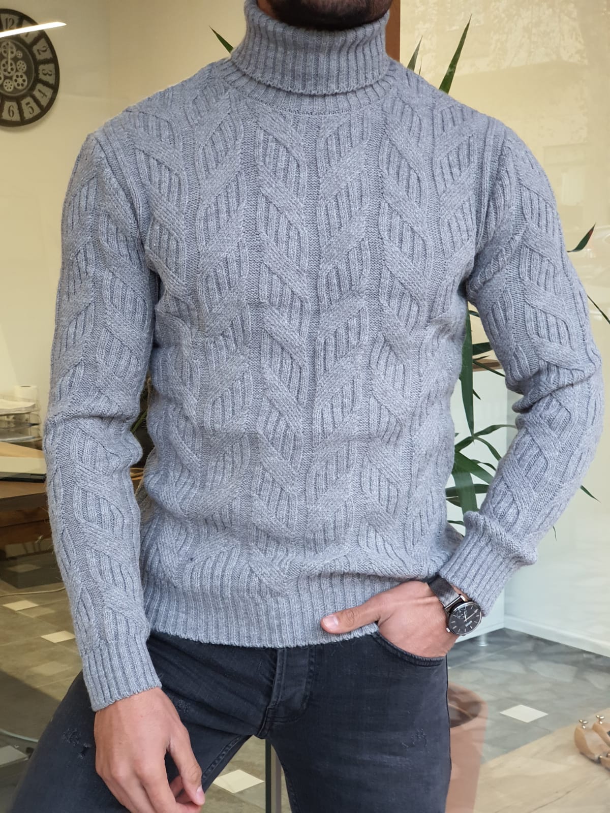 Aysoti Mooseville Gray Slim Fit Turtleneck Wool Sweater - Aysotiman