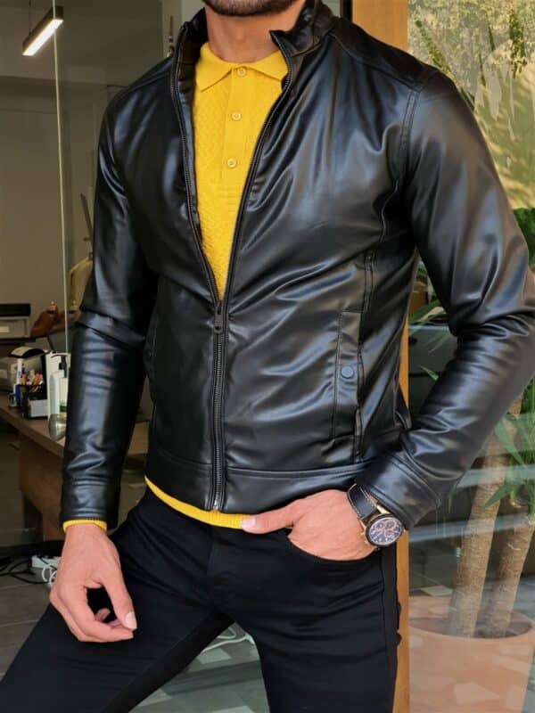 Aysoti Black Slim Fit Leather Jacket