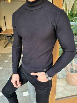 Aysoti Black Slim Fit Mock Turtleneck Sweater