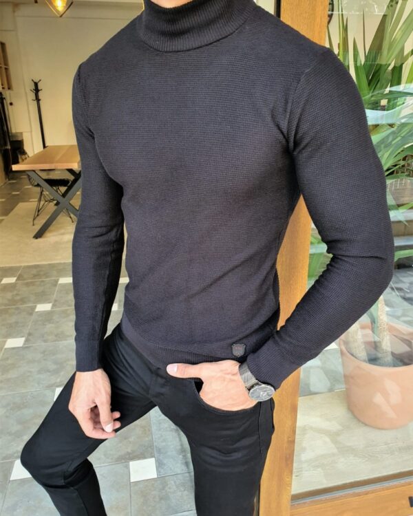 Aysoti Black Slim Fit Mock Turtleneck Sweater