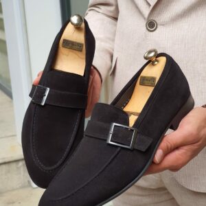 Aysoti Black Suede Buckle Loafers