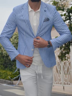 Aysoti Blue Slim Fit Striped Blazer