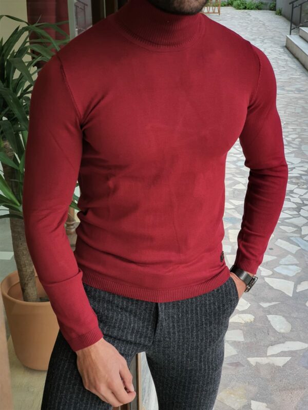 Aysoti Warren Claret Red Slim Fit Turtleneck Wool Sweater