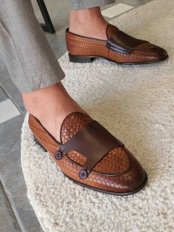 Aysoti Becksbourne Tan Woven Leather Double Monk Strap Loafers