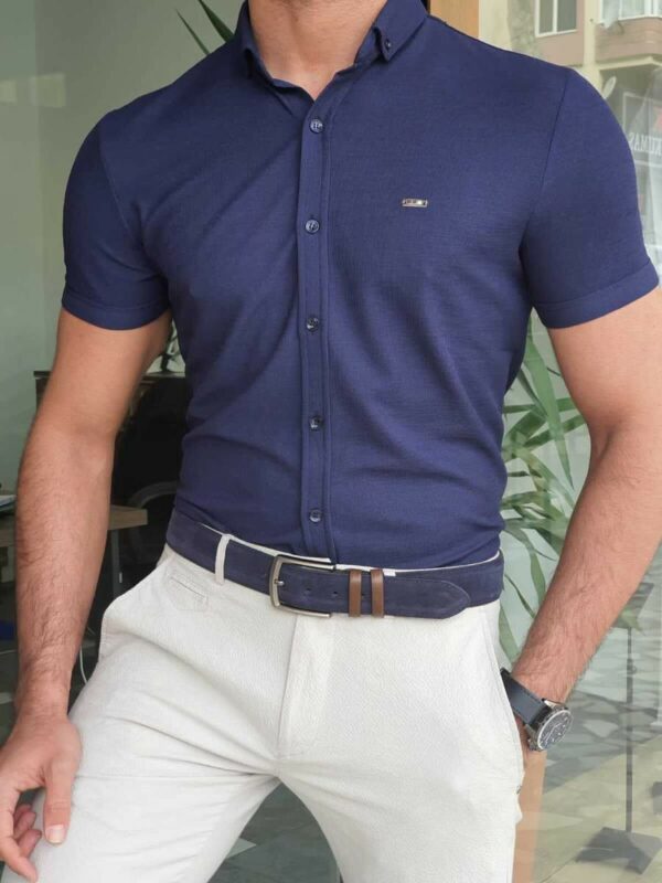 Aysoti Marvee Navy Blue Slim Fit Short Sleeve Shirt