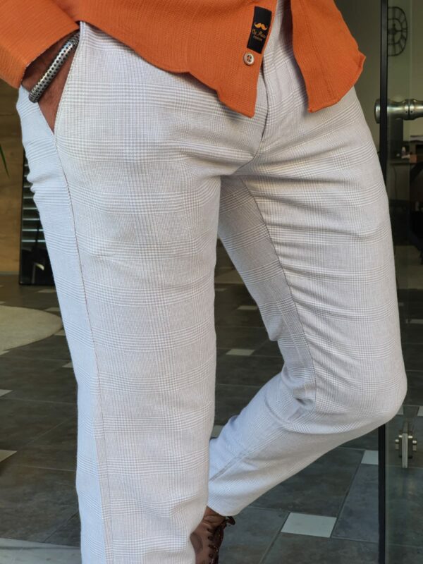 Aysoti Navak Beige Slim Fit Plaid Cotton Pants