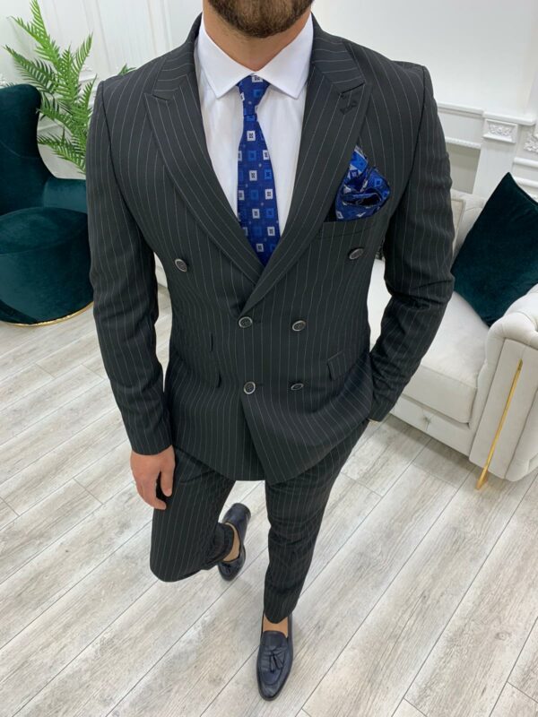Aysoti Novak Black Slim Fit Double Breasted Pinstripe Suit