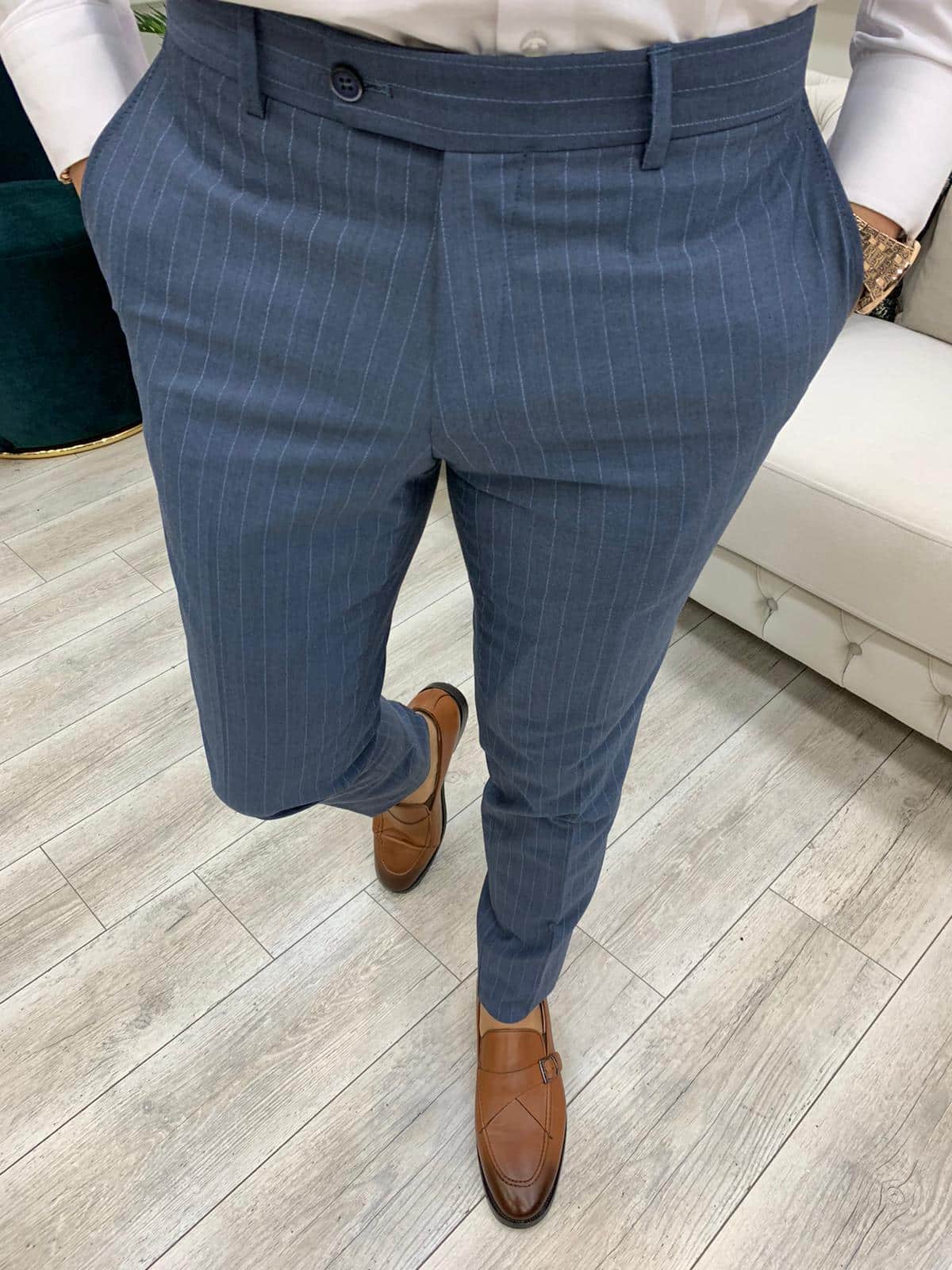 Aysoti Novak Blue Slim Fit Double Breasted Pinstripe Suit - Aysotiman