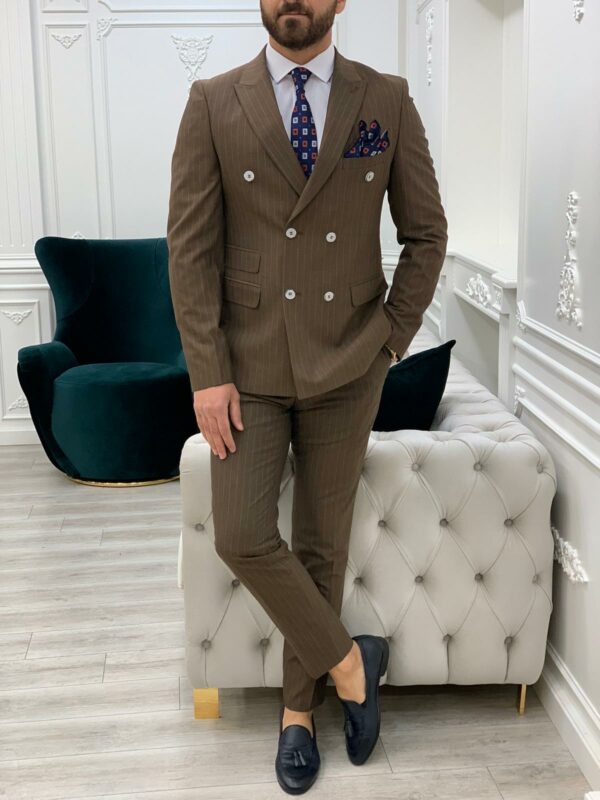 Aysoti Novak Brown Slim Fit Double Breasted Pinstripe Suit