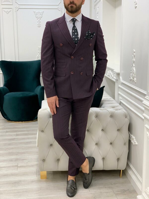 Aysoti Novak Burgundy Slim Fit Double Breasted Pinstripe Suit