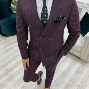 Aysoti Novak Burgundy Slim Fit Double Breasted Pinstripe Suit