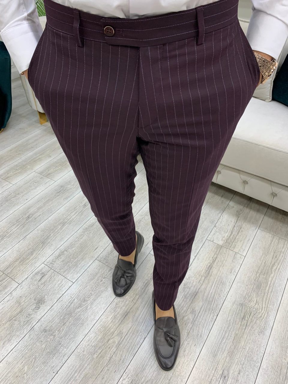 Aysoti Novak Burgundy Slim Fit Double Breasted Pinstripe Suit - Aysotiman