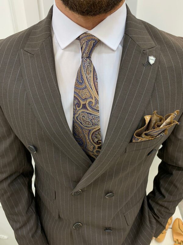 Aysoti Novak Coffee Slim Fit Double Breasted Pinstripe Suit