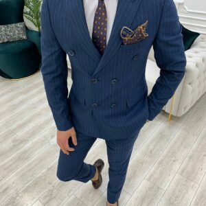 Aysoti Novak Dark Blue Slim Fit Double Breasted Pinstripe Suit