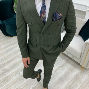 Aysoti Novak Green Slim Fit Double Breasted Pinstripe Suit