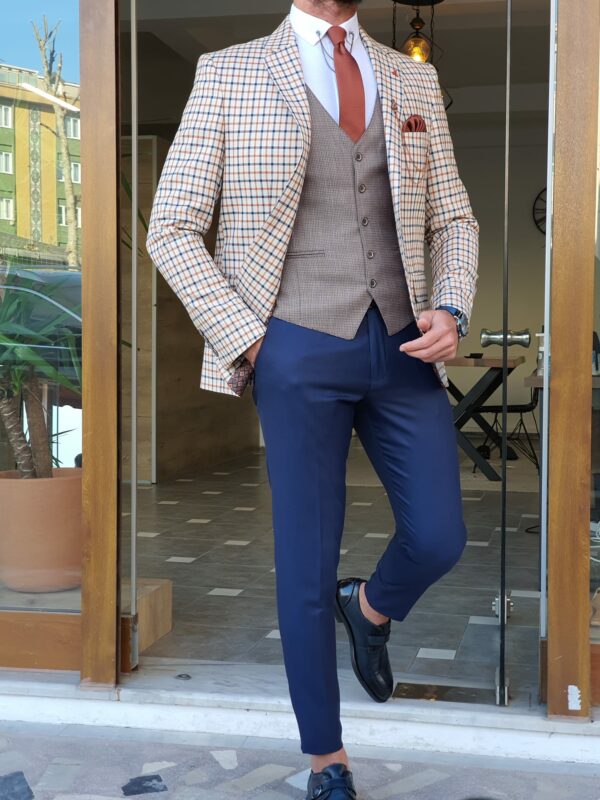 Aysoti Walter Beige Slim Fit Plaid Suit
